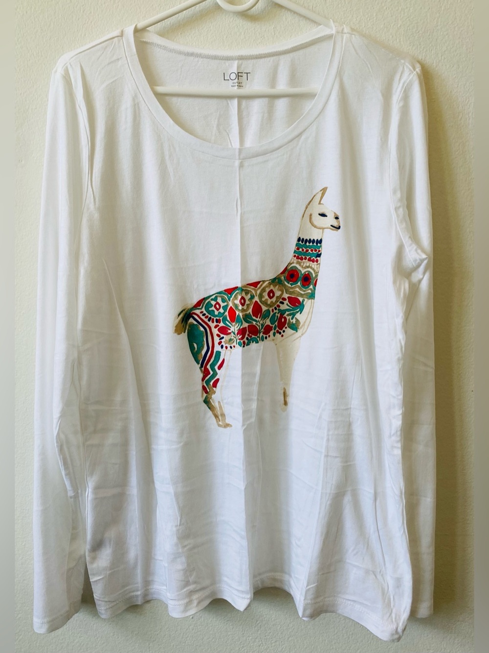 LOFT White Long Sleeve Tee with Colorful Decorative Llama
